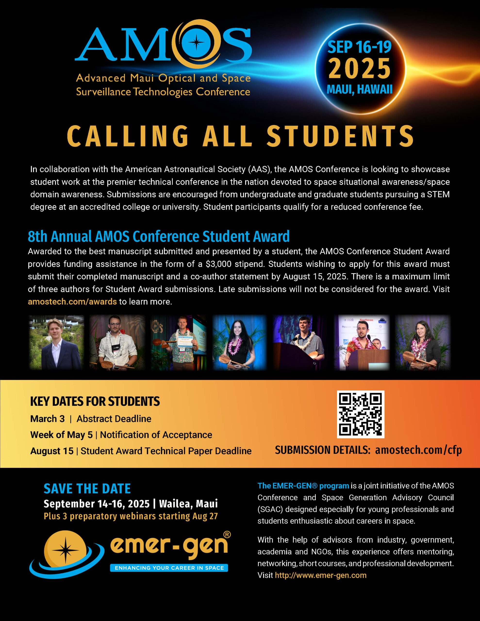 Image of flyer to promote student award for AMOS 2025 call for papers. Links to pdf version.