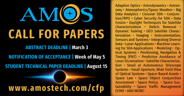 Promo image for AMOS 2025 call for papers showing list of topics for facebook or linkedin us