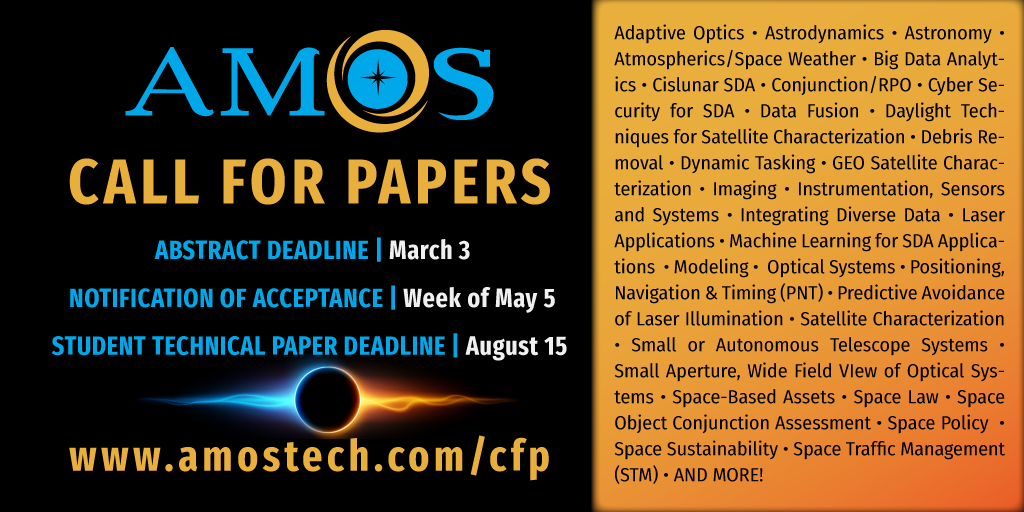 Promo image for AMOS 2025 call for papers showing list of topics for twitter use